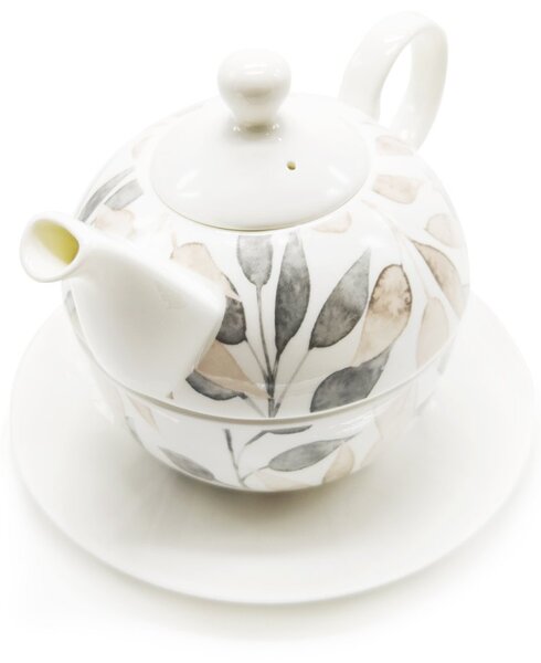 Porcelánová čajová souprava pro jednoho PPD Scandic Leaves, bílo-hnědá, konvice 0,45 l, šálek, motiv listí