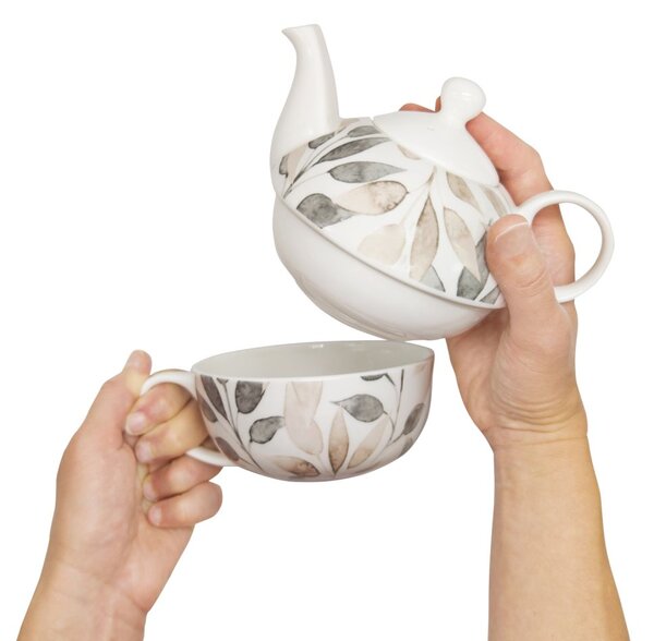 Porcelánová čajová souprava pro jednoho PPD Scandic Leaves, bílo-hnědá, konvice 0,45 l, šálek, motiv listí