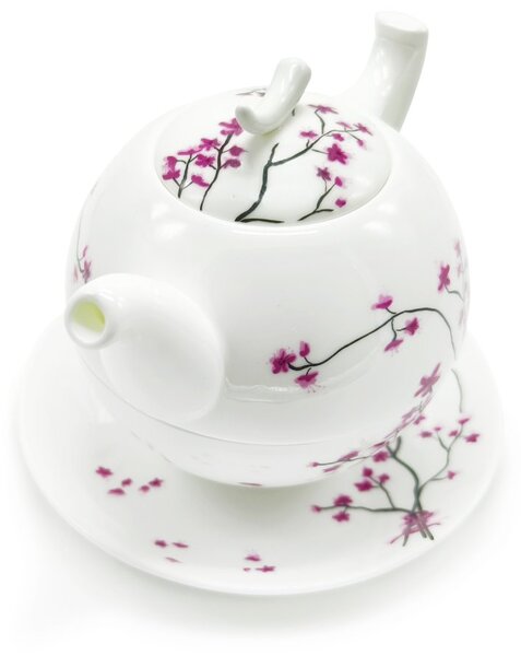 Porcelánová čajová souprava pro jednoho Tea Logic Sakura, bílo-růžová, konvice 0,5 l, šálek, motiv sakury