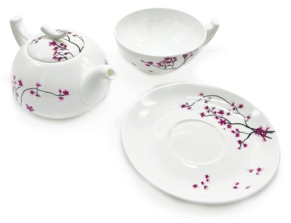 Porcelánová čajová souprava pro jednoho Tea Logic Sakura, bílo-růžová, konvice 0,5 l, šálek, motiv sakury