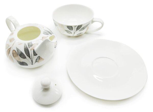 Porcelánová čajová souprava pro jednoho PPD Scandic Leaves, bílo-hnědá, konvice 0,45 l, šálek, motiv listí