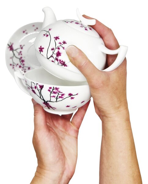 Porcelánová čajová souprava pro jednoho Tea Logic Sakura, bílo-růžová, konvice 0,5 l, šálek, motiv sakury