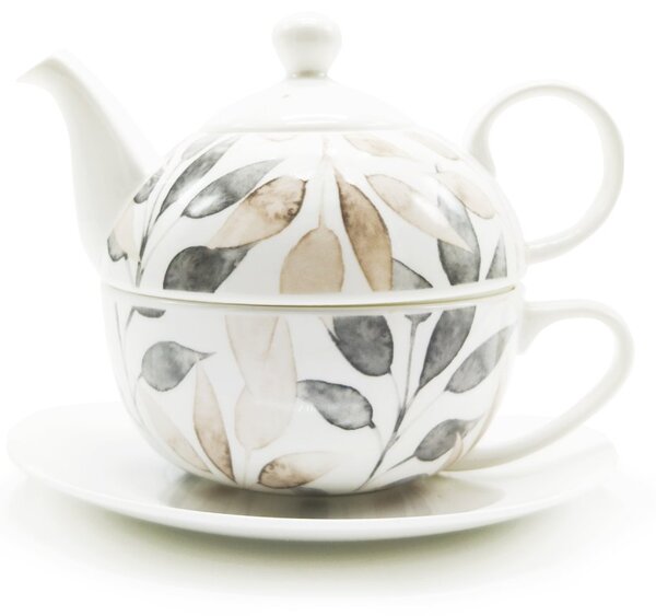 Porcelánová čajová souprava pro jednoho PPD Scandic Leaves, bílo-hnědá, konvice 0,45 l, šálek, motiv listí