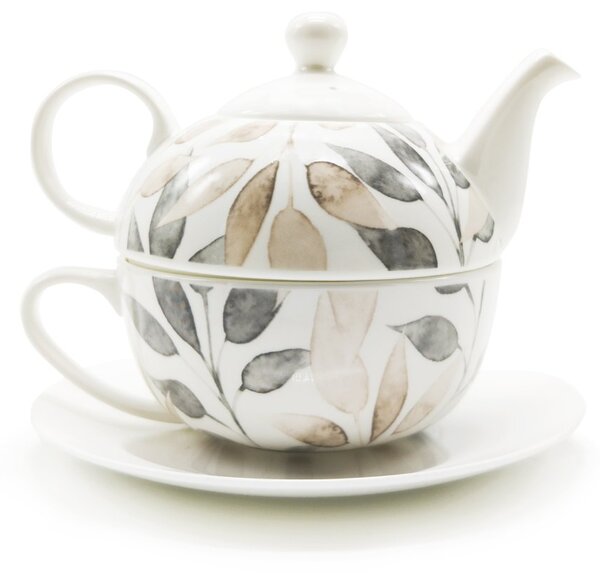 Porcelánová čajová souprava pro jednoho PPD Scandic Leaves, bílo-hnědá, konvice 0,45 l, šálek, motiv listí