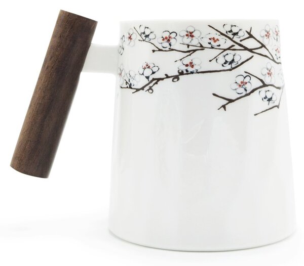 Porcelánový hrnek Tea Logic Třešňový květ, bílý, dřevěná rukojeť, sakury, japonský design, 400 ml