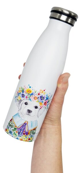 Nerezová termolahev Květinová Žofinka, 500 ml – bílá, matný povrch, s motivem psí dámy