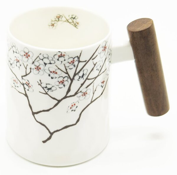 Porcelánový hrnek Tea Logic Třešňový květ, bílý, dřevěná rukojeť, sakury, japonský design, 400 ml