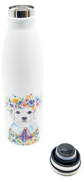 Nerezová termolahev Květinová Žofinka, 500 ml – bílá, matný povrch, s motivem psí dámy