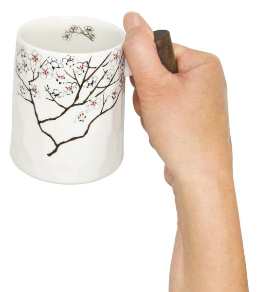 Porcelánový hrnek Tea Logic Třešňový květ, bílý, dřevěná rukojeť, sakury, japonský design, 400 ml