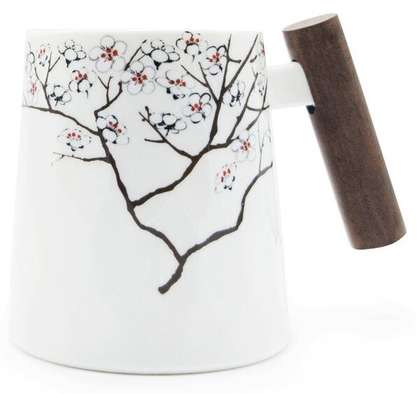 Porcelánový hrnek Tea Logic Třešňový květ, bílý, dřevěná rukojeť, sakury, japonský design, 400 ml