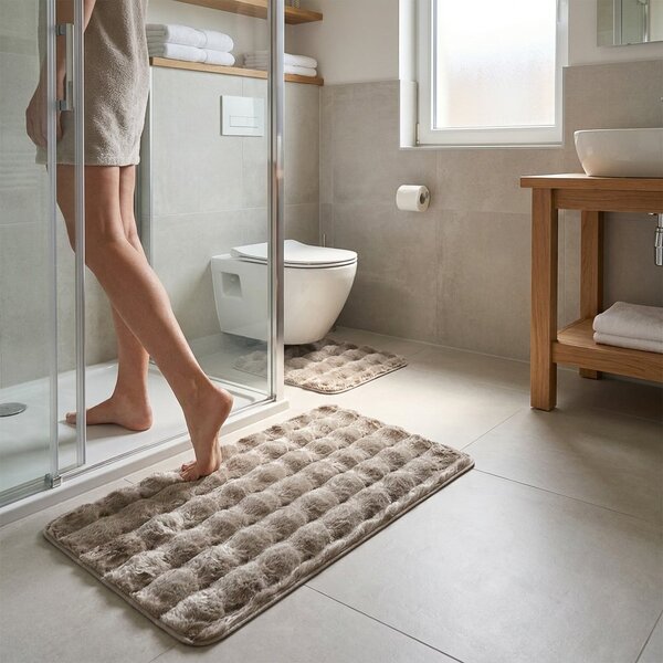 Euromat koupelnová souprava mikrovlákno ARUBA, dlouhý vlas, taupe beige, béžová, 80x50cm (předložka) + 50x40cm (na WC)