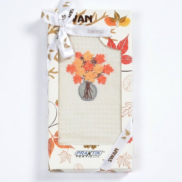 Utěrka SWAN 93 vaflová vyšívaná, dárkové balení, podzimní váza na smetanové, 1 kus 50x70cm