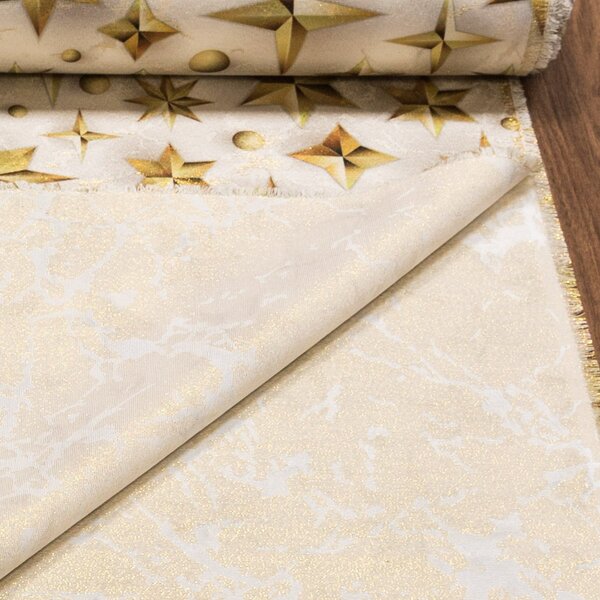 Polyesterové plátno vánoční J-GOLD 22379-1001 zlaté hvězdy a kuličky na smetanové , š.150cm (látka v metráži)
