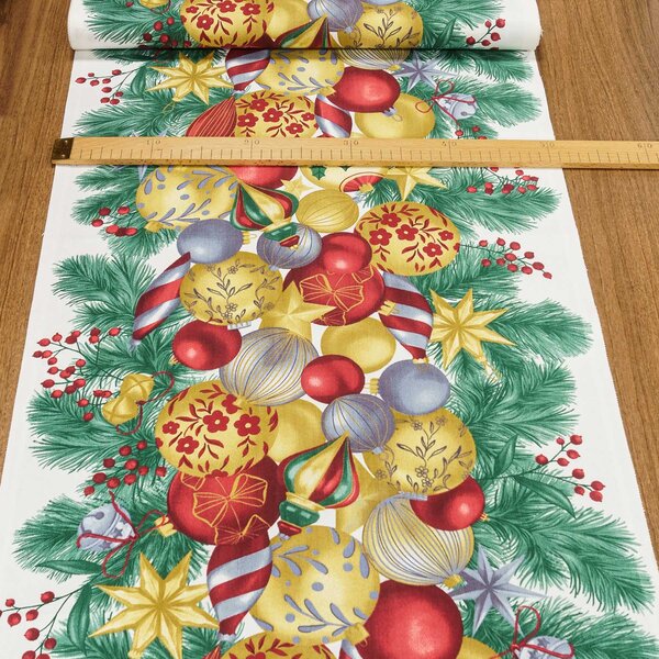 Bavlněné plátno / štola na metráž vánoční 703024, zlaté a červené baňky, š. 50cm (látka v metráži)