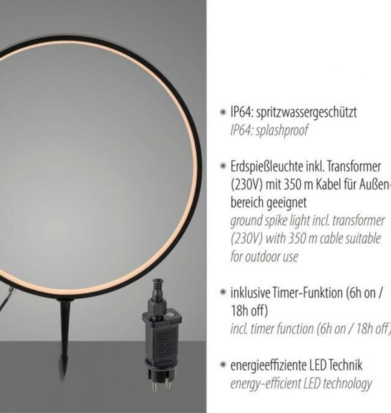 JUST LIGHT LED venkovní svítidlo se zápichem průměr 50cm černá IP65 s časovačem do zahrady 3000K LD 19511-18