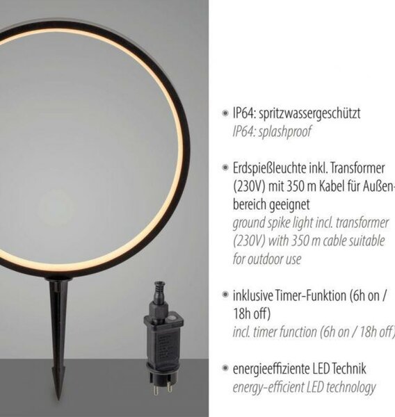 JUST LIGHT LED venkovní svítidlo se zápichem průměr 32cm černá IP65 s časovačem do zahrady 3000K LD 19510-18