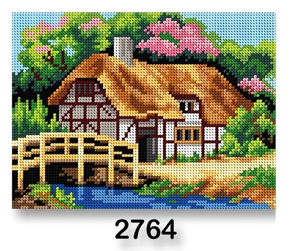VTC Vyšívací předloha, obrázek na vyšívání 70246/2764, dům jaro 2, hnědo-zelená, 18x24cm