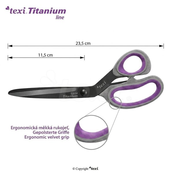 Krejčovské nůžky TEXI TITANIUM Ti914, s ergonomickou rukojetí, délka ostří 11,5cm, celková délka 23,5 cm