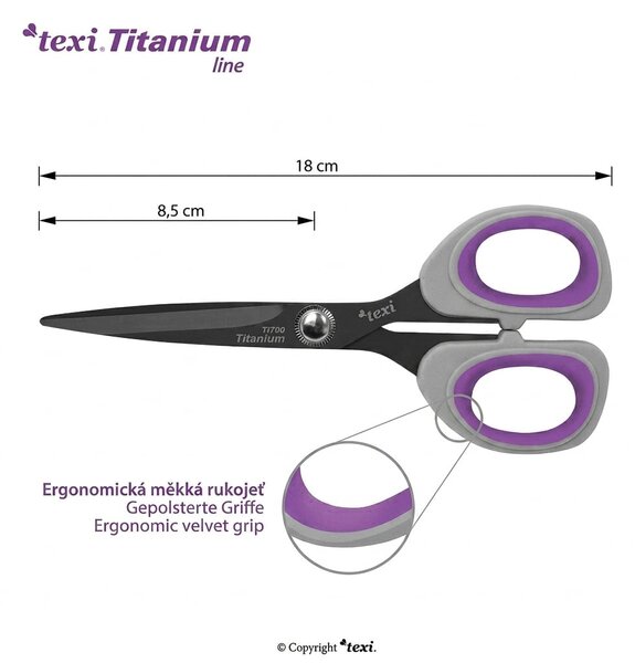 Krejčovské nůžky TEXI TITANIUM Ti700, s ergonomickou rukojetí, délka ostří 8,5cm, celková délka 18 cm