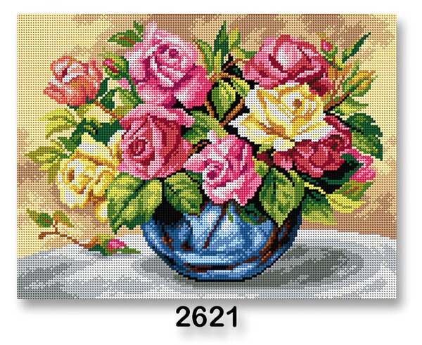 VTC Vyšívací předloha, obrázek na vyšívání 70243/2621, váza s květinami, růžovo-žlutá, 30x40cm
