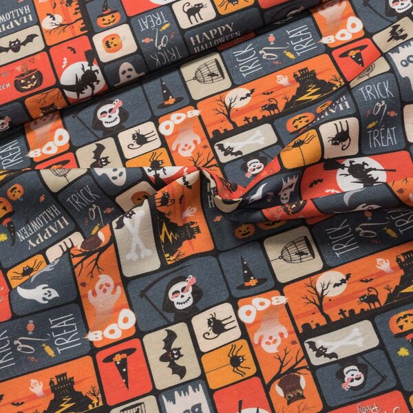 Směsové plátno HALLOWEN, oranžovo-šedá, š.140cm (látka v metráži)