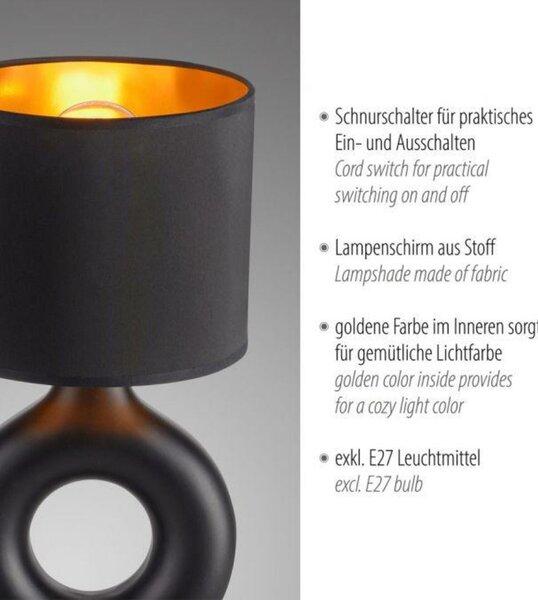 JUST LIGHT stolní lampa černá / zlatá šňůrový vypínač látkové stínidlo LD 14193-18