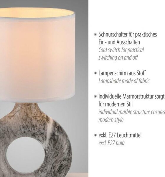 JUST LIGHT stolní lampa šedá mramorový vzhled bílé látkové stínidlo s vypínačem LD 14193-15