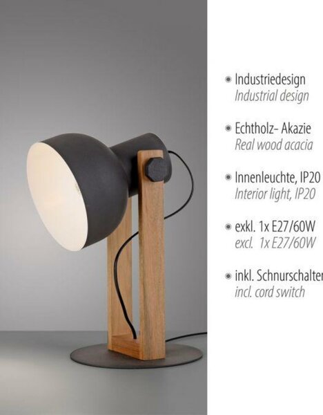 JUST LIGHT stolní lampa černá dřevo z akácie nastavitelná výška industriální LD 15746-18