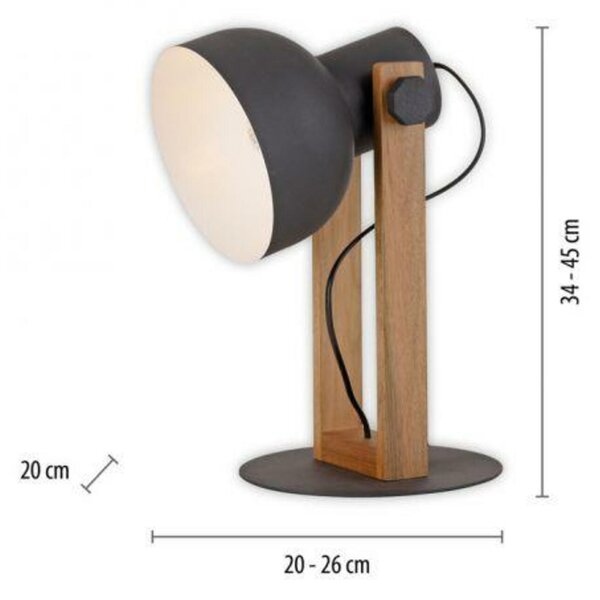 JUST LIGHT stolní lampa černá dřevo z akácie nastavitelná výška industriální LD 15746-18