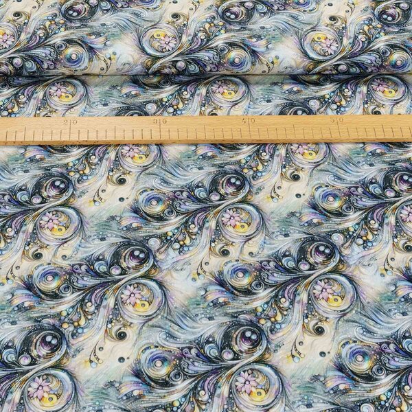 Bavlněný úplet TEPLÁKOVINA 6-04525, vzor s perlami, fialovo-žlutý, š.145cm (látka v metráži)