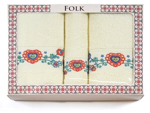 Praktik dárkový set froté ručníků a osušek FOLK 02, 3-dílný, žlutý s výšivkou, 1x 30x50cm + 1x 50x100cm + 1x 70x140cm