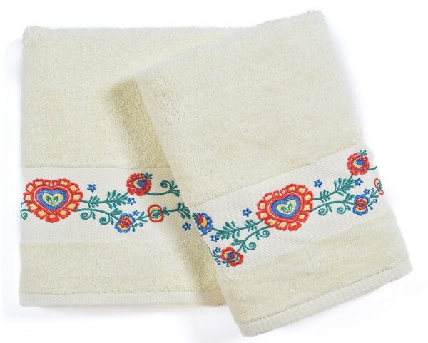 Praktik dárkový set froté ručníků a osušek FOLK 02, 3-dílný, žlutý s výšivkou, 1x 30x50cm + 1x 50x100cm + 1x 70x140cm