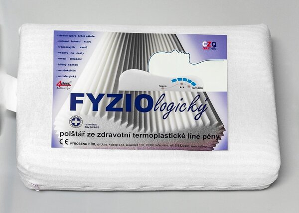 4sleep Polštář anatomický FYZIOLOGICKÝ ze zdravotní termoplastické líné pěny, 50x30x10/8cm, se zipem