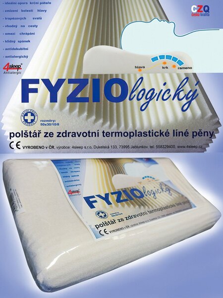 4sleep Polštář anatomický FYZIOLOGICKÝ ze zdravotní termoplastické líné pěny, 50x30x10/8cm, se zipem