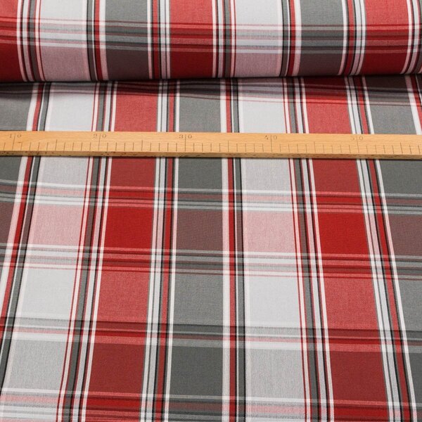 Potahové akrylové plátno (dralon, teflon) na zahradní nábytek, červeno-šedo-bílé pruhy / káro, š.140cm (látka v metráži)