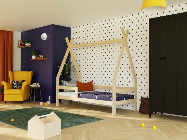 Dětská dřevěná postel SAFE 5v1 ve tvaru teepee se zábranou - Nelakovaná, 90x200 cm, S jednou zábranou