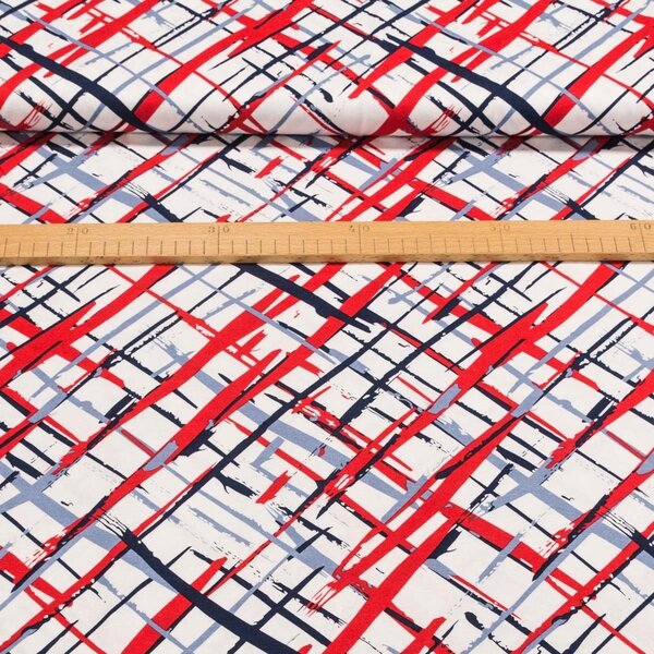 Viskózový úplet 0050/01 modro-červené šmouhy na bílé, š.150cm (látka v metráži)