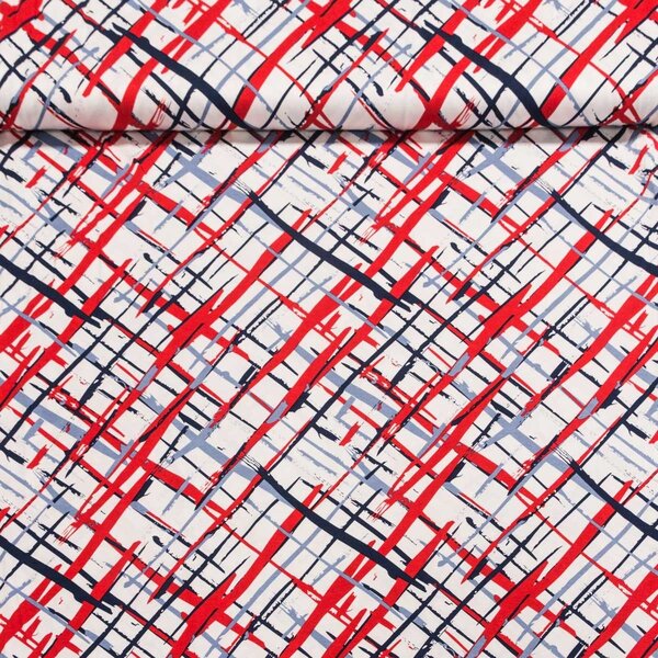 Viskózový úplet 0050/01 modro-červené šmouhy na bílé, š.150cm (látka v metráži)