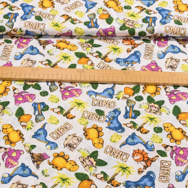 Bavlněné plátno dětské POLO malí dinosauři s nápisy DINO, š.140cm (látka v metráži)