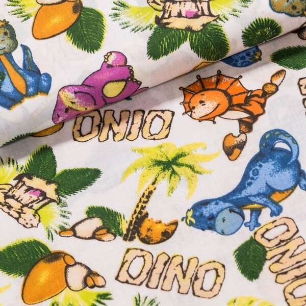 Bavlněné plátno dětské POLO malí dinosauři s nápisy DINO, š.140cm (látka v metráži)