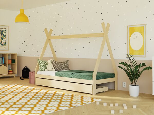 Rostoucí dětská postel SWITCH 2v1 ve tvaru teepee s úložným šuplíkem - Nelakovaná, 90x160 cm
