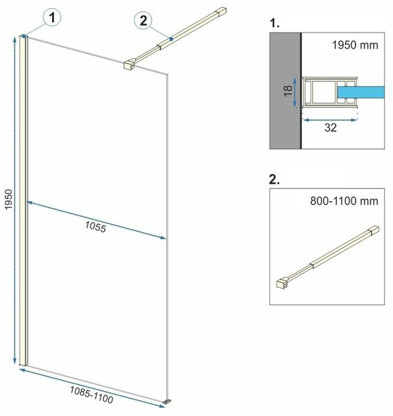 Rea Aero, sprchová zástěna typu Walk-In 110cm, 8mm čiré sklo, zlatý lesklý profil + polička a věšák EVO, KPL-K8441