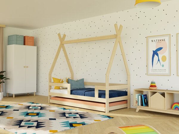 Dětská dřevěná postel SAFE 5v1 ve tvaru teepee se zábranou a přistýlkou - Nelakovaná, 90x200 cm, Se dvěma zábranami