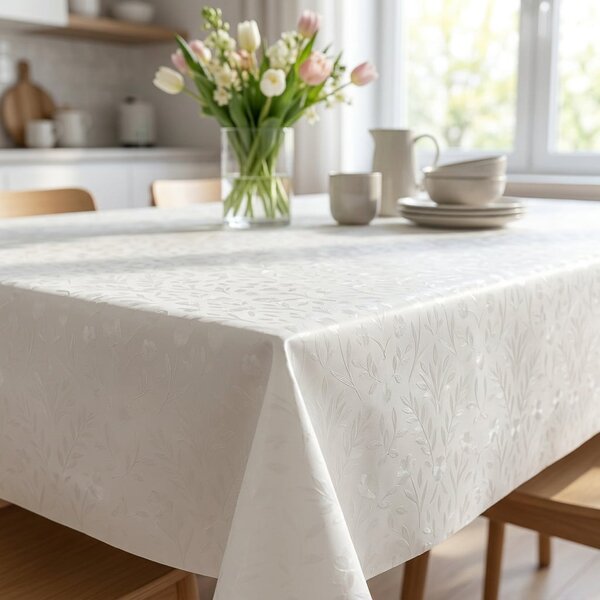 Luxusní ubrus PVC s textilním podkladem PEARL ZG-7161A, květinový damaškový vzor, bílá, š.140cm (metráž)