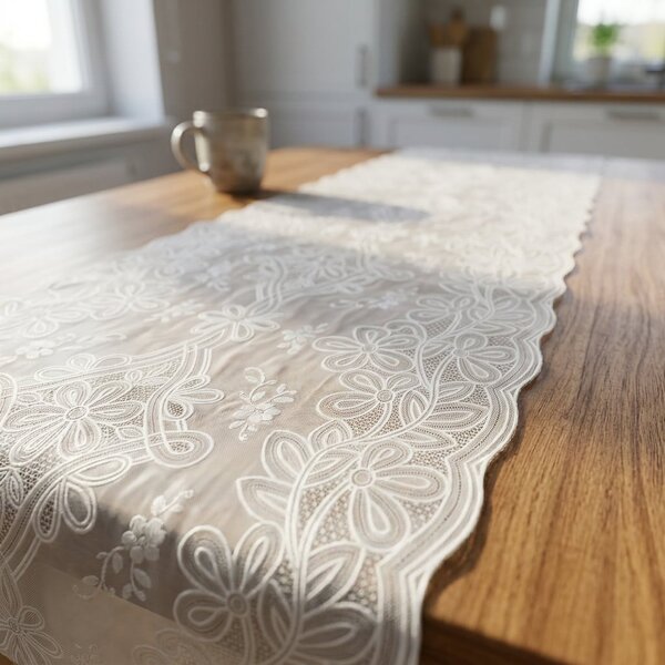 Euromat Ubrus PVC / BĚHOUN LA-0369U, štola, krajka květy bílá, š.50cm (metráž)