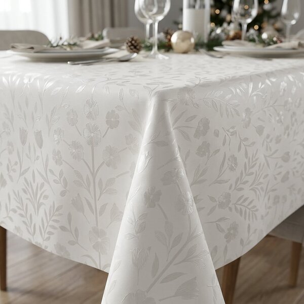 Luxusní ubrus PVC s textilním podkladem PEARL ZG-7161A, květinový damaškový vzor, bílá, š.140cm (metráž)