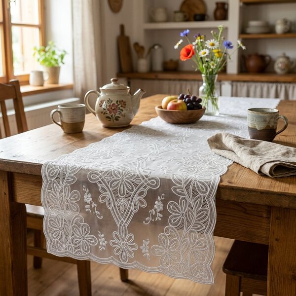 Euromat Ubrus PVC / BĚHOUN LA-0369U, štola, krajka květy bílá, š.50cm (metráž)