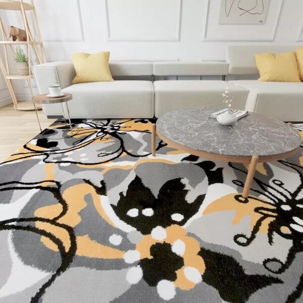 Makro Abra Kusový koberec moderní MAYA Z907A Květy šedý žlutý Rozměr: 120x170 cm