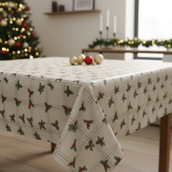 Ubrus PVC s textilním podkladem vánoční N48/10 cesmína káro na béžové, š.140cm (metráž)