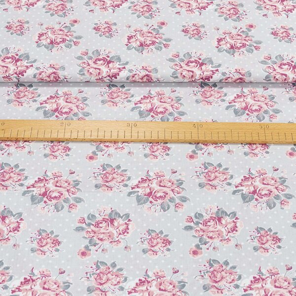 Bavlněné plátno POLO růžové růže na šedé, š.160cm (látka v metráži)